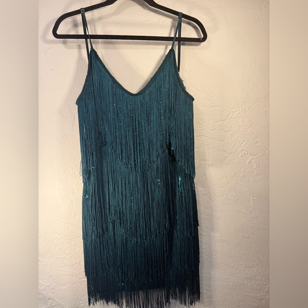 Lulu's Get in the Groove Emerald Green Sequin Fringe Bodycon Dress Size Medium - Picture 6 of 11
